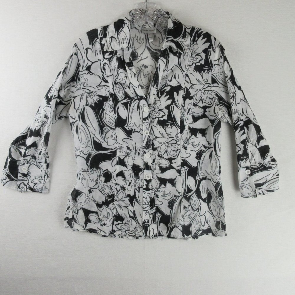 Harve Bernard Black and White Linen Blouse Size L Abstract Floral